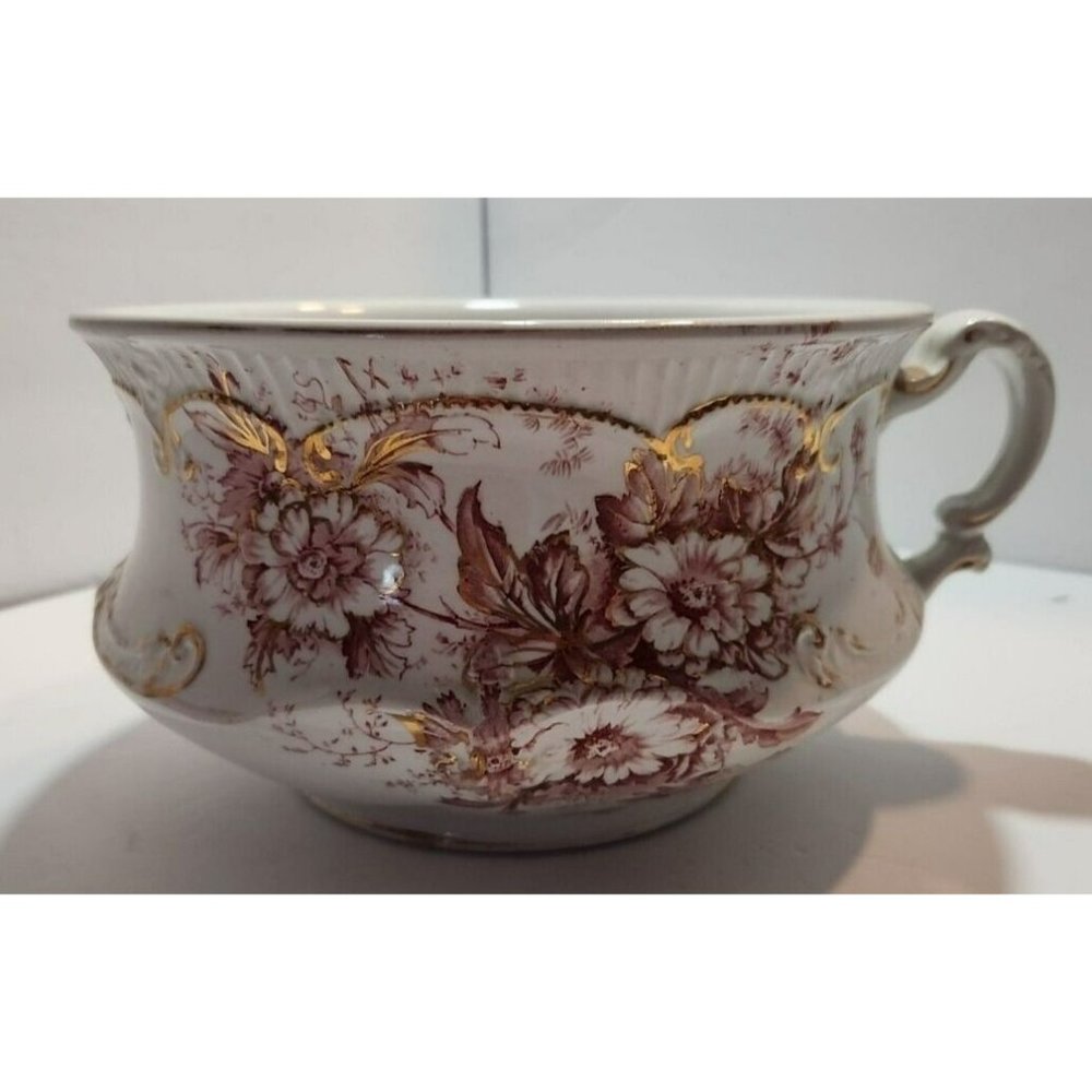 Antique Dunn Bennett & Co Chamber Pot in Daisy Pattern Red Florals W/ Gold Trim